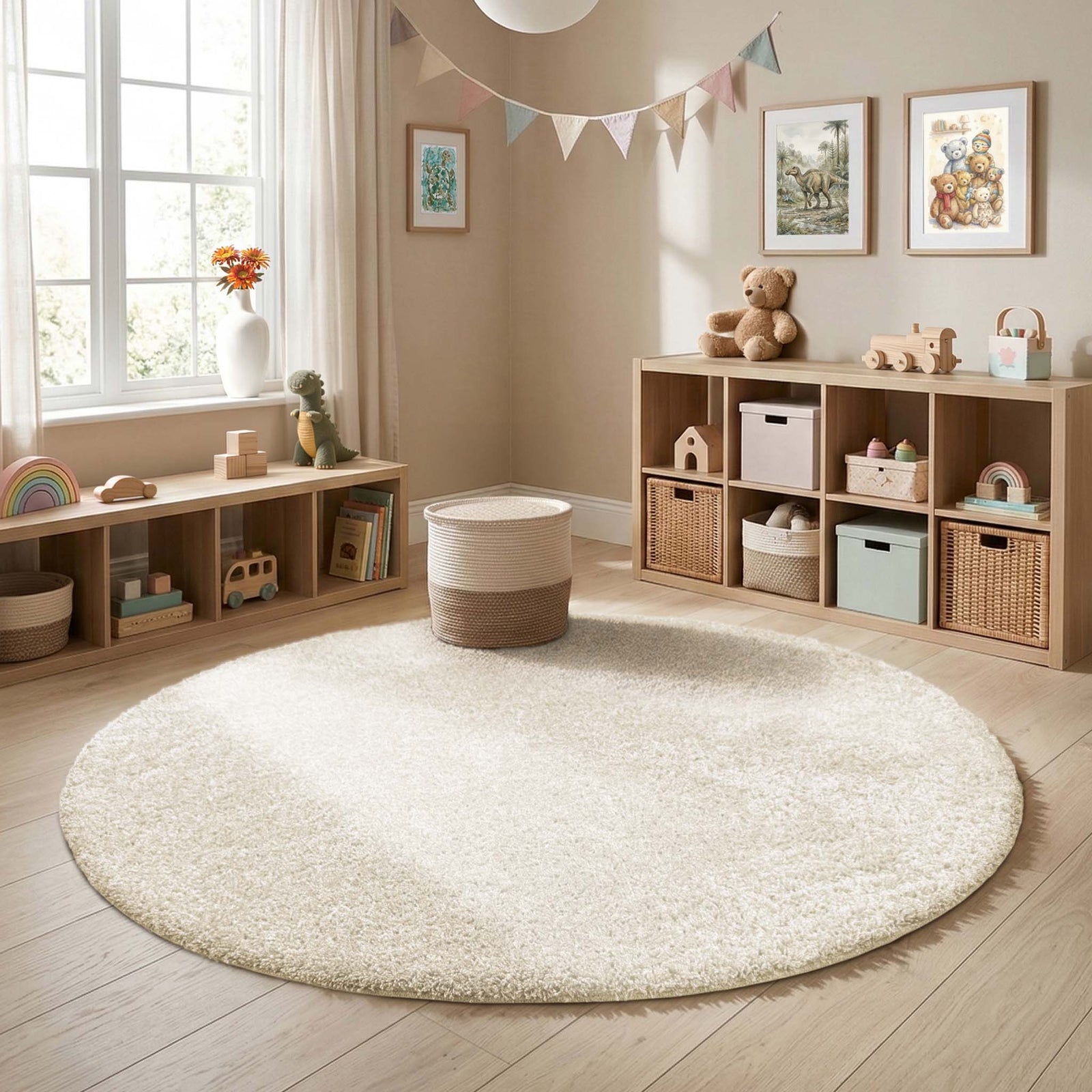 My Rug Ivory White shaggy rug styled in a nursery room. 