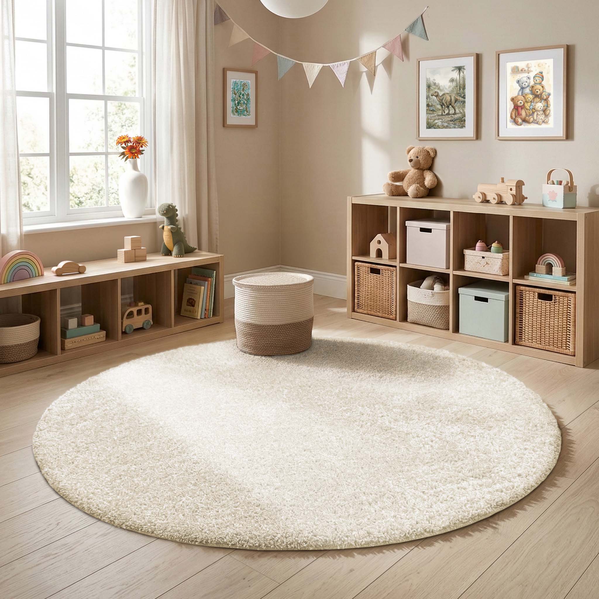 My Rug Ivory White shaggy rug styled in a nursery room. 