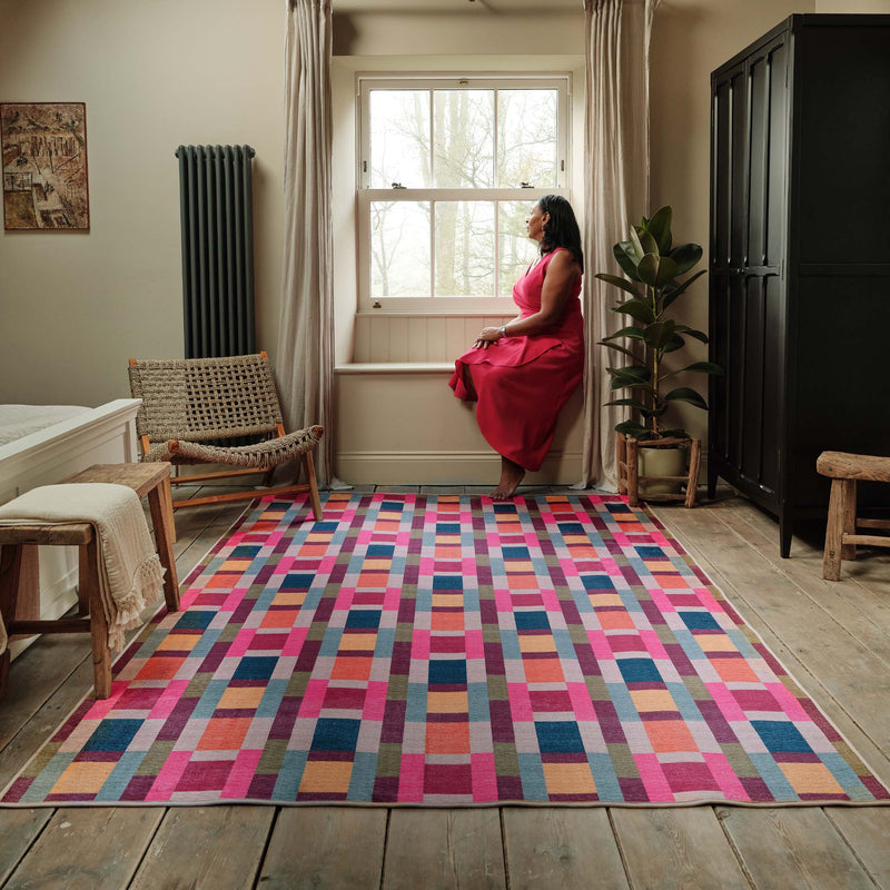 Jude Geo Eco-Washable Rug- 100% recycled content rug featuring a bright geo pattern.