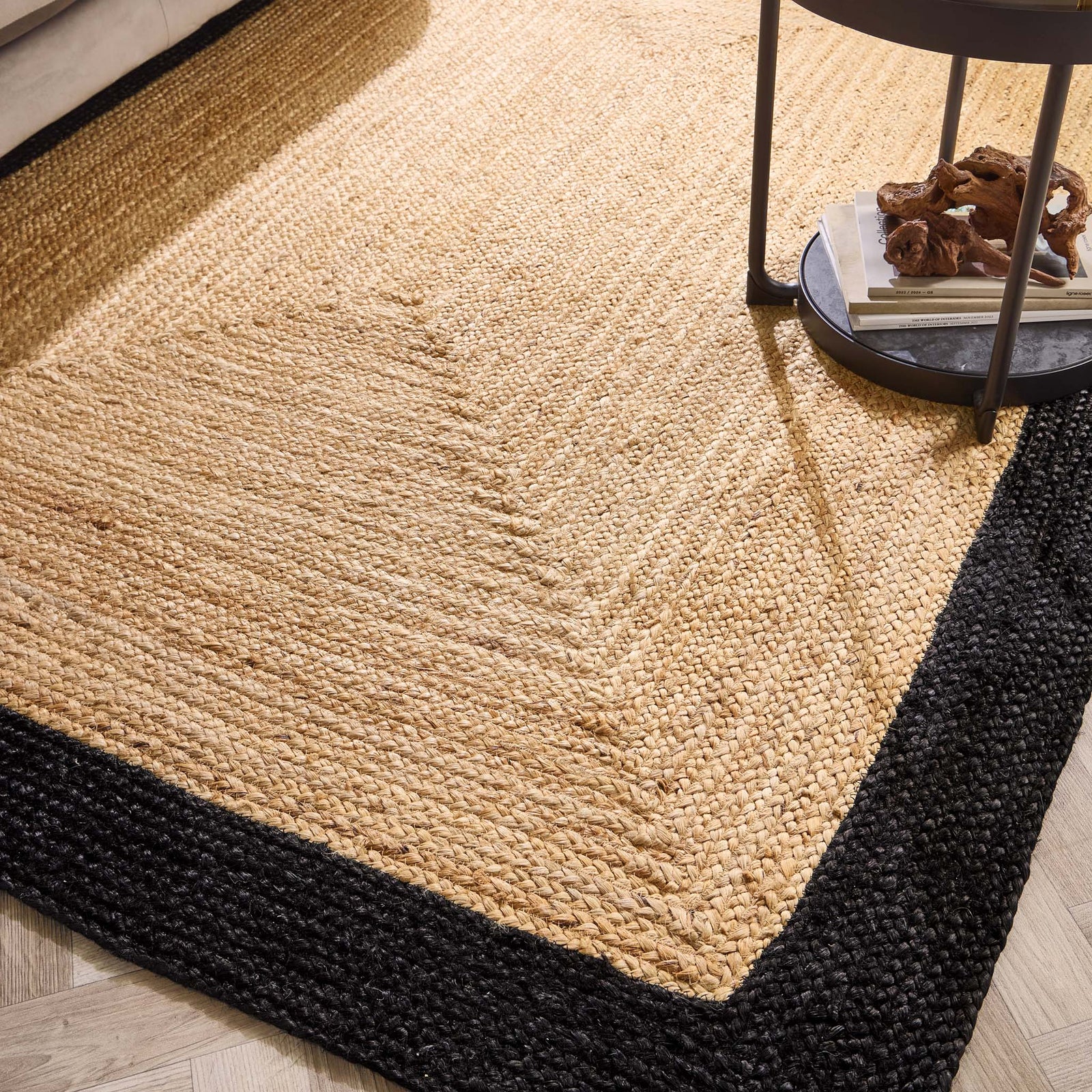 Jute Border Rug Black- 100% natural Jute Rug with a black border. 
