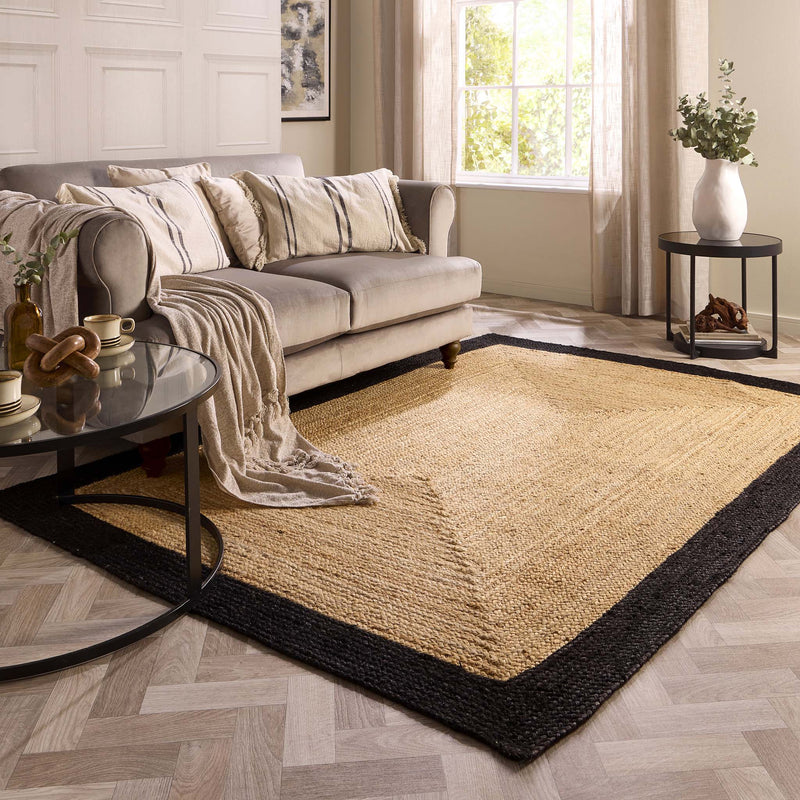 Jute Border Rug Black- 100% natural Jute Rug with a black border. 