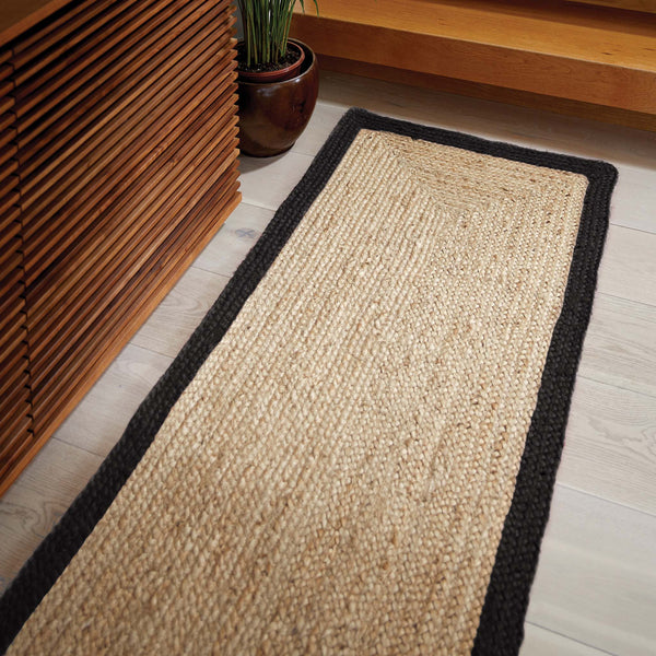 Jute Border Rug Runner Black- 100% jute rug featuring a black border. 