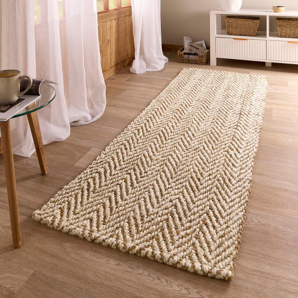 Jute Herringbone Runner- 100% jute runner with a herringbone pattern.