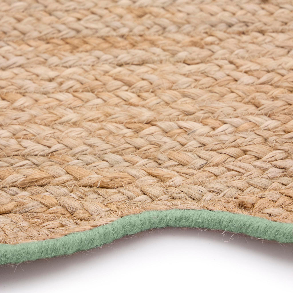 Jute Scallped Edge Green Runner- Jute scalloped edge runner with green wool whipped border.