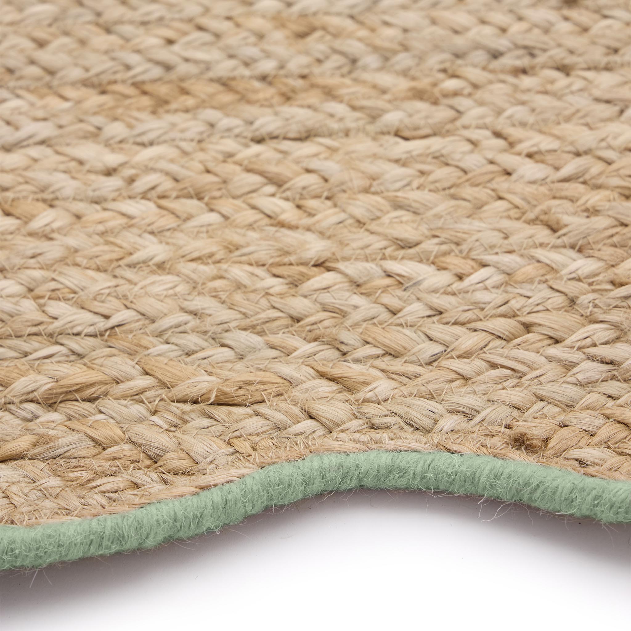 Jute Scallped Edge Green Runner- Jute scalloped edge runner with green wool whipped border.