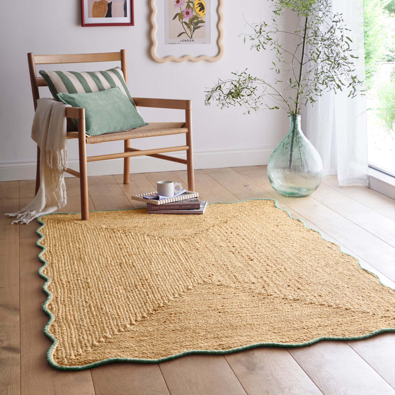Jute Scalloped Edge Green Rug - a 100% jute rug featuring a green scalloped border.