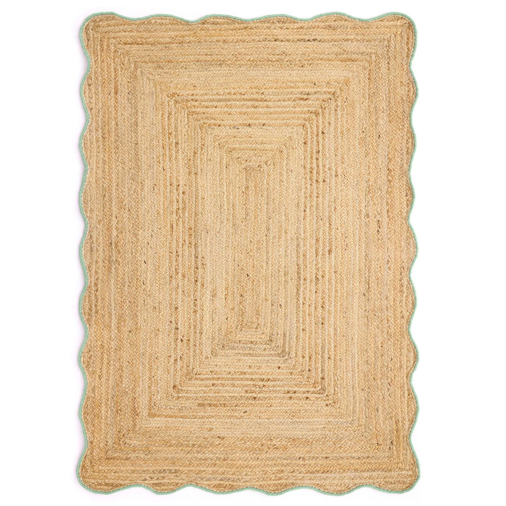 Jute Scalloped Edge Green Rug - a 100% jute rug featuring a green scalloped border.