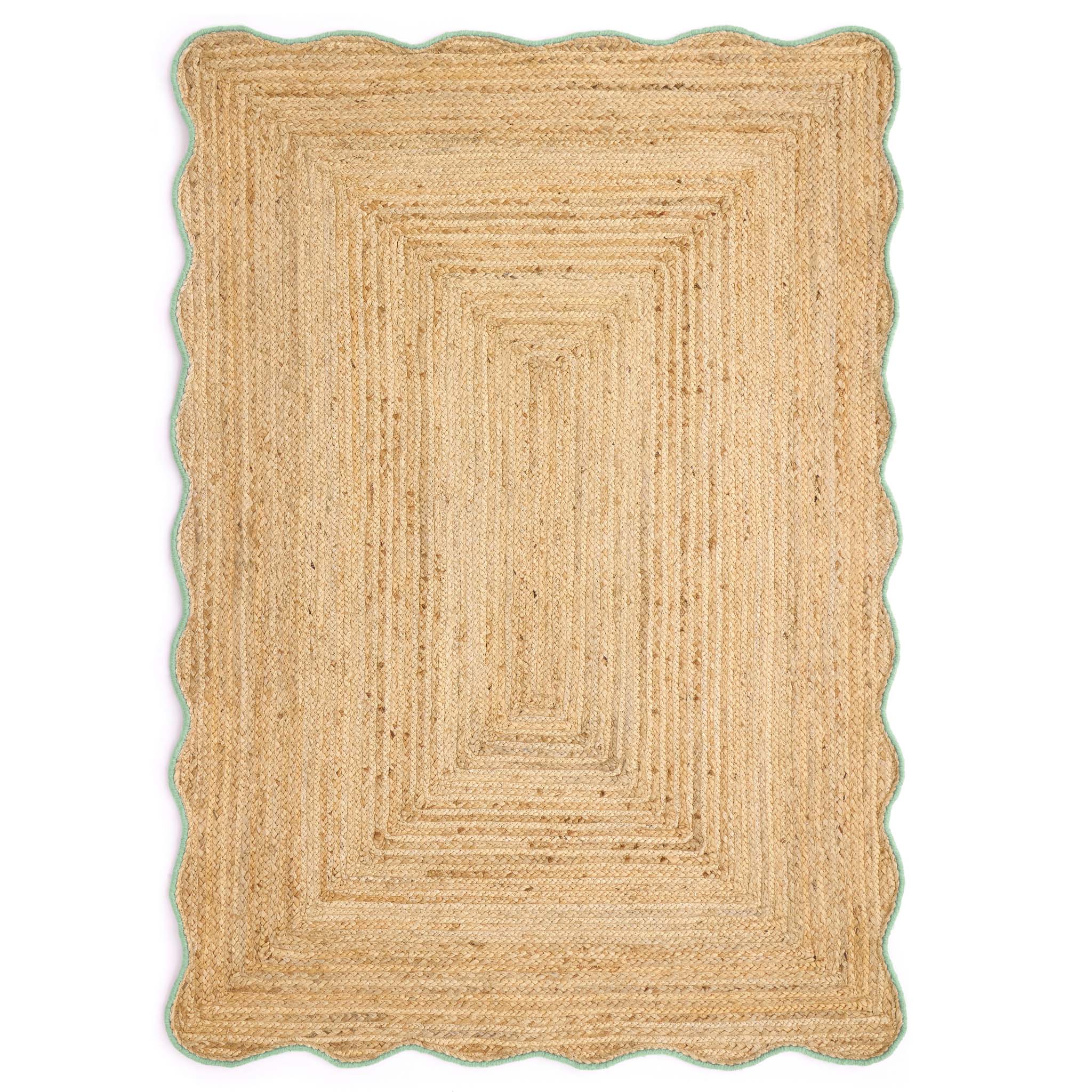 Jute Scalloped Edge Green Rug - a 100% jute rug featuring a green scalloped border.