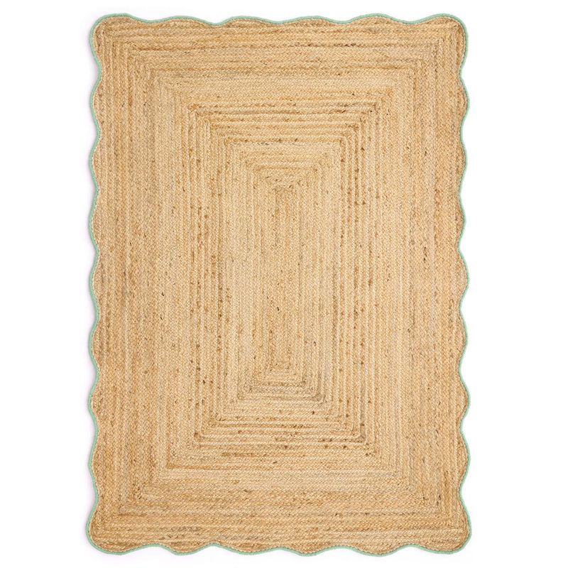 Jute Scalloped Edge Green Rug - a 100% jute rug featuring a green scalloped border.