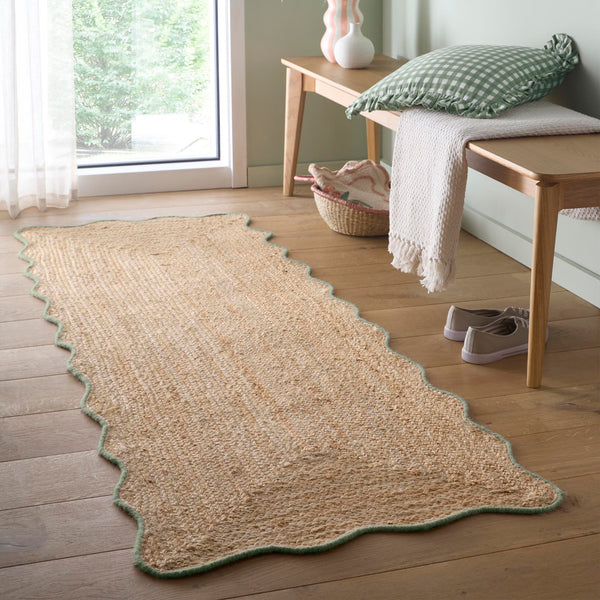 Jute Scallped Edge Green Runner- Jute scalloped edge runner with green wool whipped border