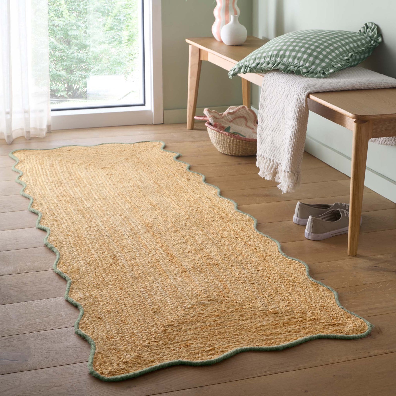 Jute Scalloped Edge Green Runner - a 100% jute runner featuring a green scalloped border.