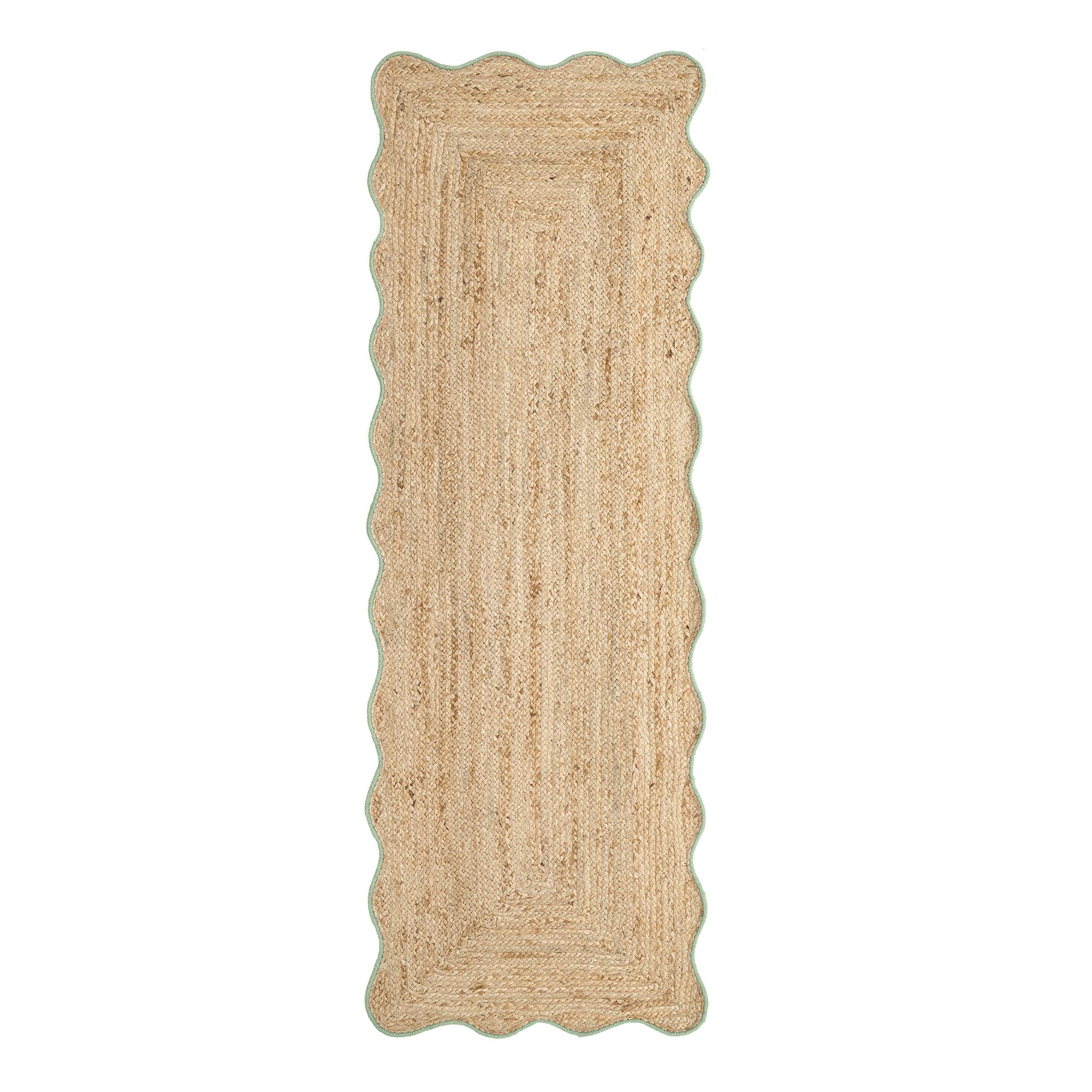 Jute Scallped Edge Green Runner- Jute scalloped edge runner with green wool whipped border