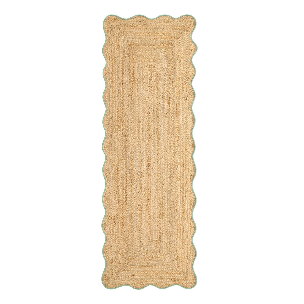 Jute Scalloped Edge Green Runner - a 100% jute runner featuring a green scalloped border.