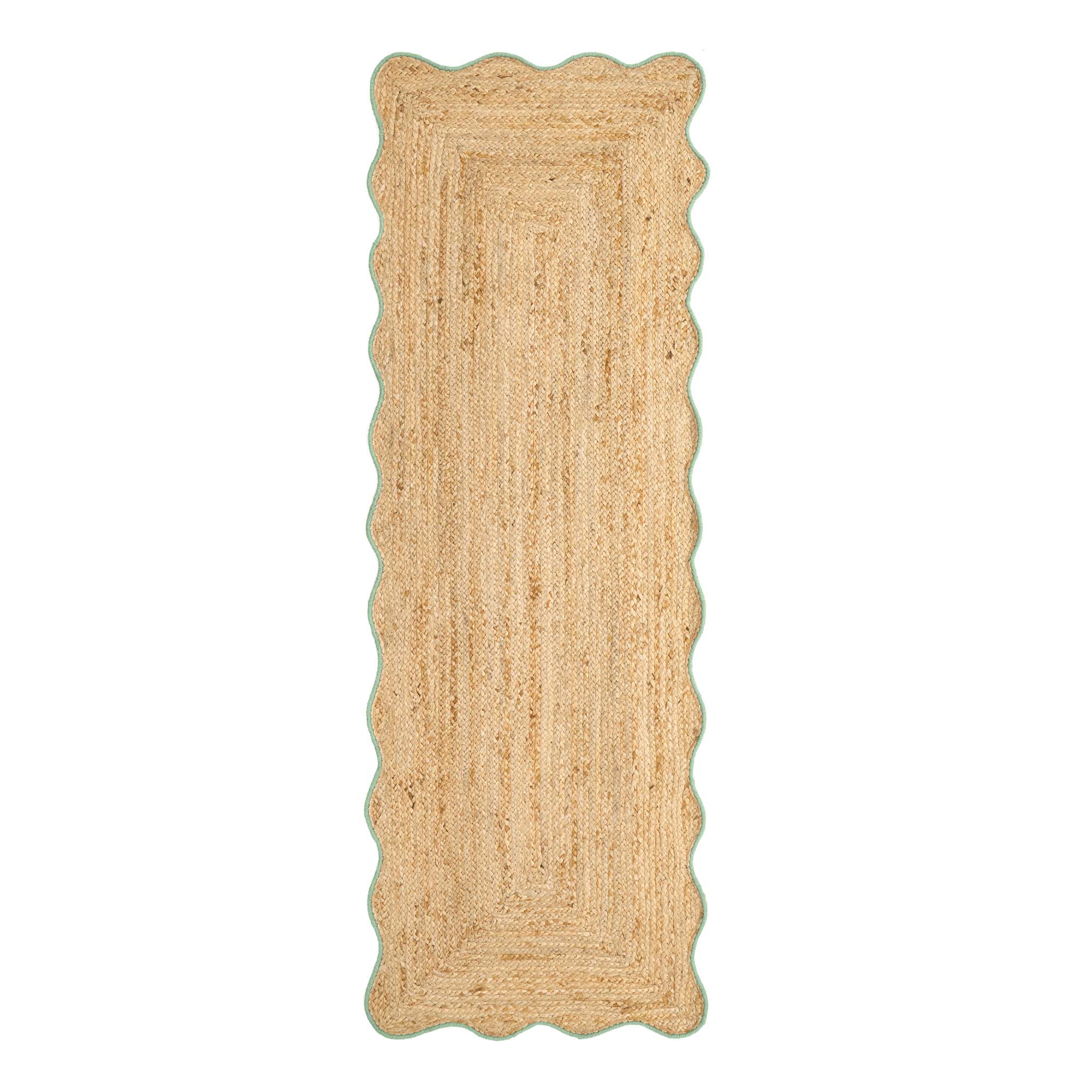Jute Scalloped Edge Green Runner - a 100% jute runner featuring a green scalloped border.