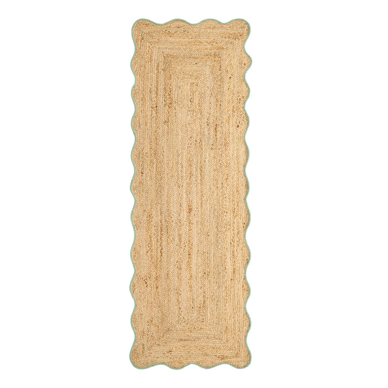 Jute Scalloped Edge Green Runner - a 100% jute runner featuring a green scalloped border.