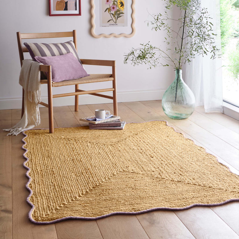 Jute Scalloped Edge Lilac Rug - a 100% jute rug featuring a purple scalloped border.