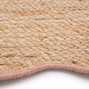 Jute Scalloped Edge Peach Rug- Jute rug wth a pink wool wiped scalloped edge.