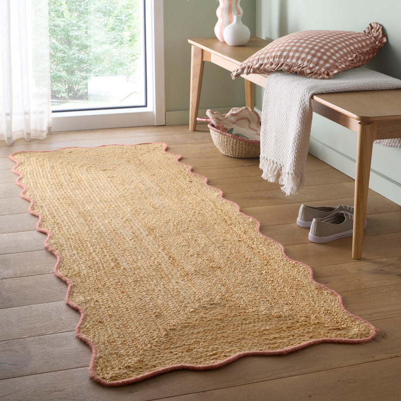 Jute Scalloped Edge Peach Runner - a 100% jute runner featuring a pink scalloped border.