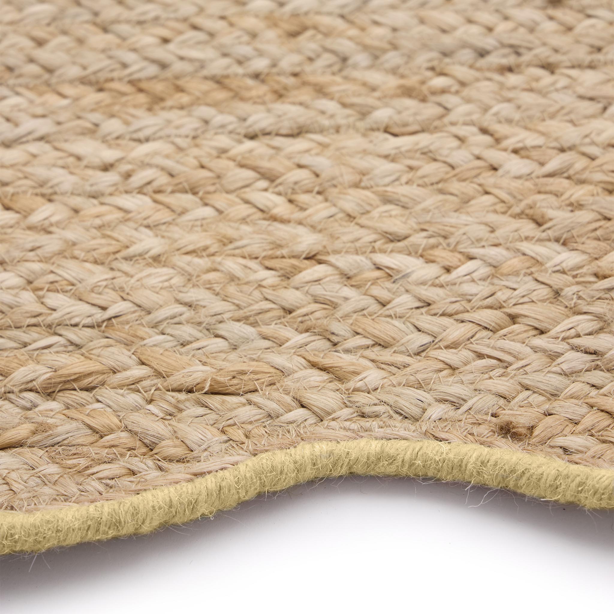 Jute Scalloped Edge Yellow Runner- Jute scalloped edge rug with yellow wool whipped border.