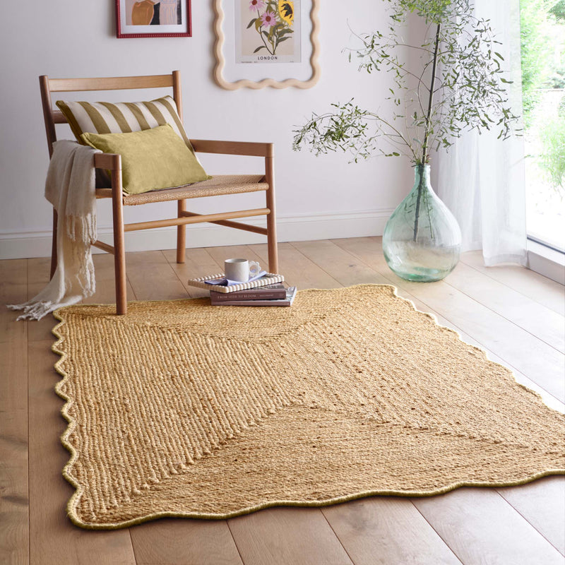 Jute Scalloped Edge Yellow Rug - a 100% jute rug featuring a yellow scalloped border.
