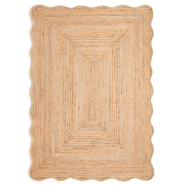 Jute Scalloped Edge Yellow Rug- Jute scalloped edge rug with yellow wool whipped border.