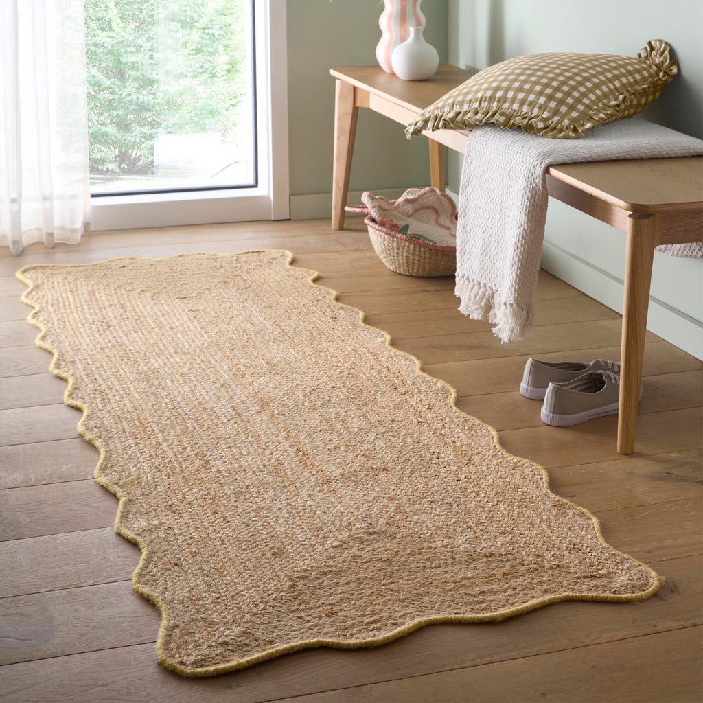 Jute Scalloped Edge Yellow Runner- Jute scalloped edge rug with yellow wool whipped border.