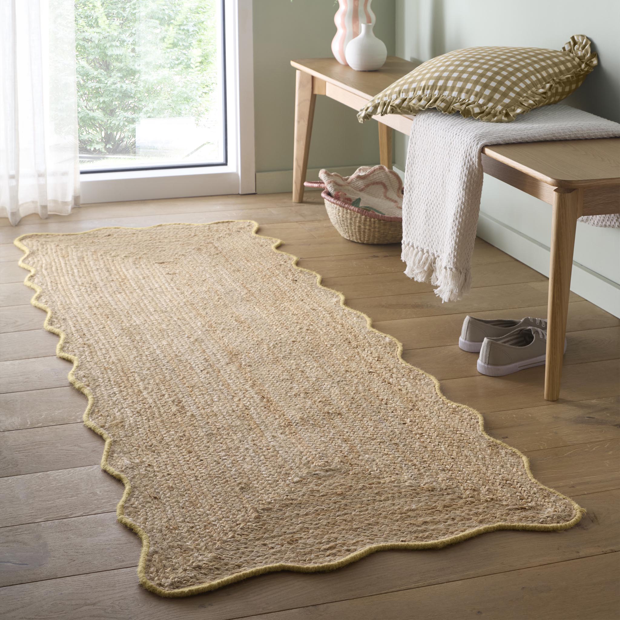 Jute Scalloped Edge Yellow Runner- Jute scalloped edge rug with yellow wool whipped border.