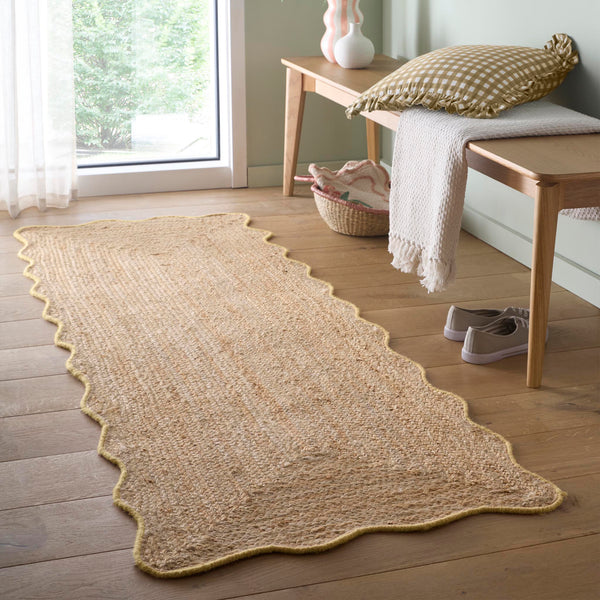 Jute Scalloped Edge Yellow Runner- Jute scalloped edge rug with yellow wool whipped border.