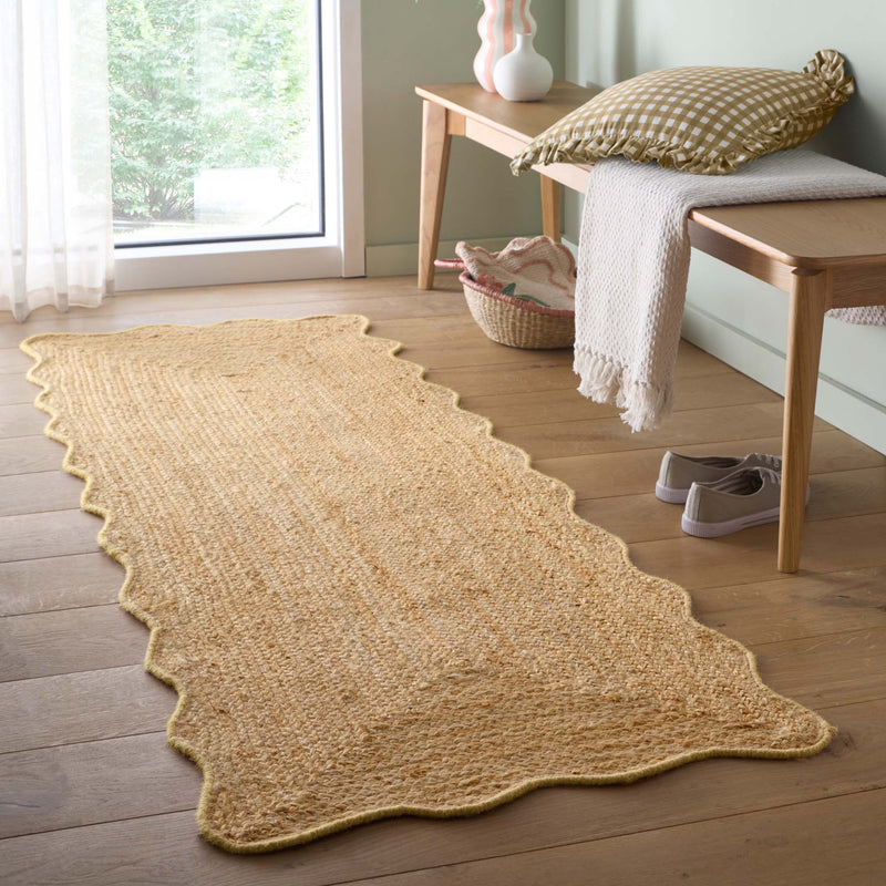 Jute Scalloped Edge Yellow Runner - a 100% jute runner featuring a yellow scalloped border.