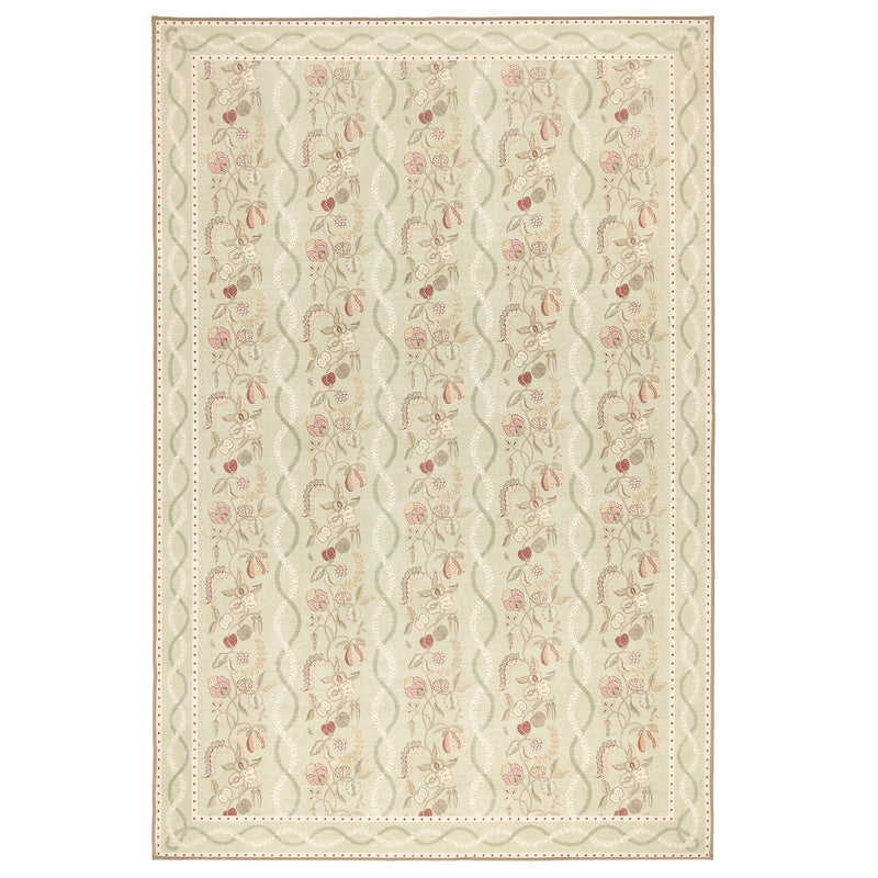 Kitchen Garden Olive & Russet Eco-Washable Rug with a floral design. 
