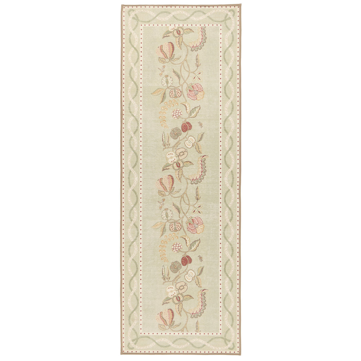 Kitchen Garden Olive & Russet Eco-Washable Runner with a floral design. 
