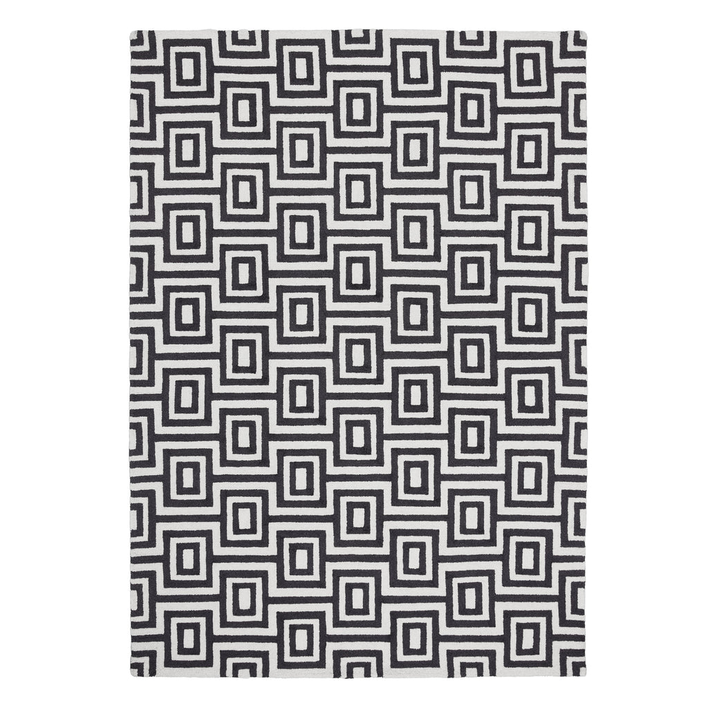 Labyrinth Rug- 100% Wool Loop Pile rug in Black and White with a 3D geometric pattern.