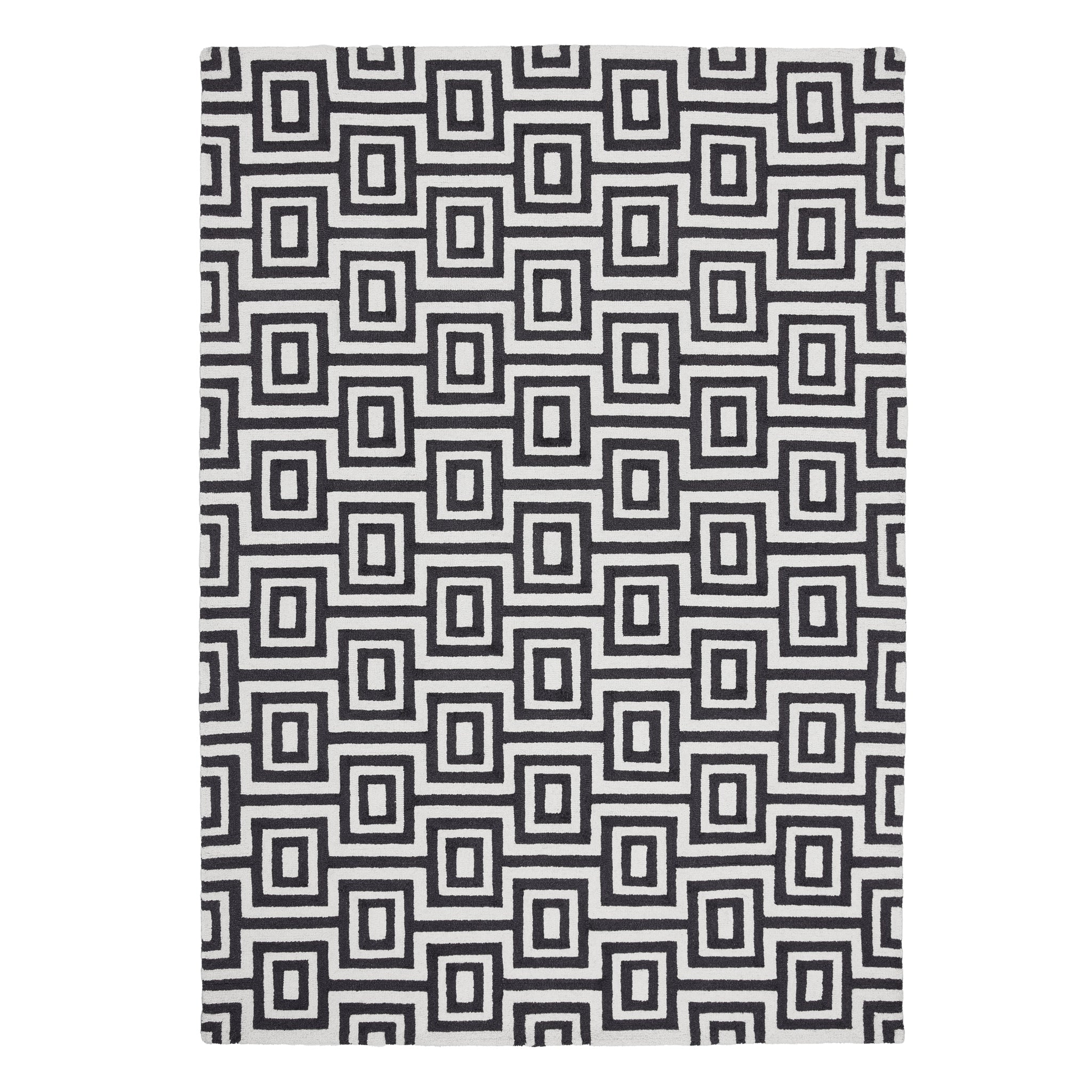 Labyrinth Rug- 100% Wool Loop Pile rug in Black and White with a 3D geometric pattern.