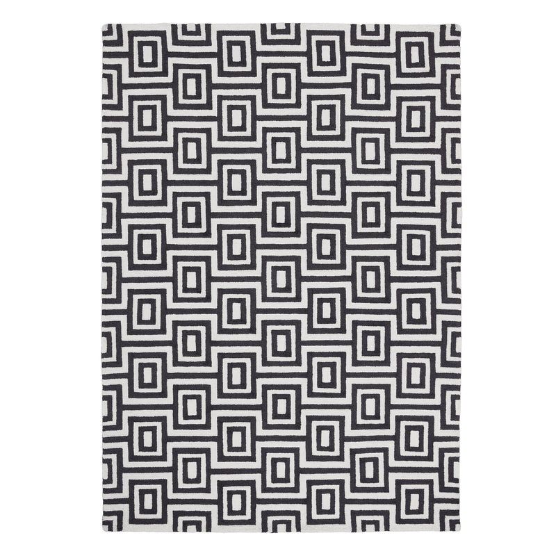 Labyrinth Rug- 100% Wool Loop Pile rug in Black and White with a 3D geometric pattern.