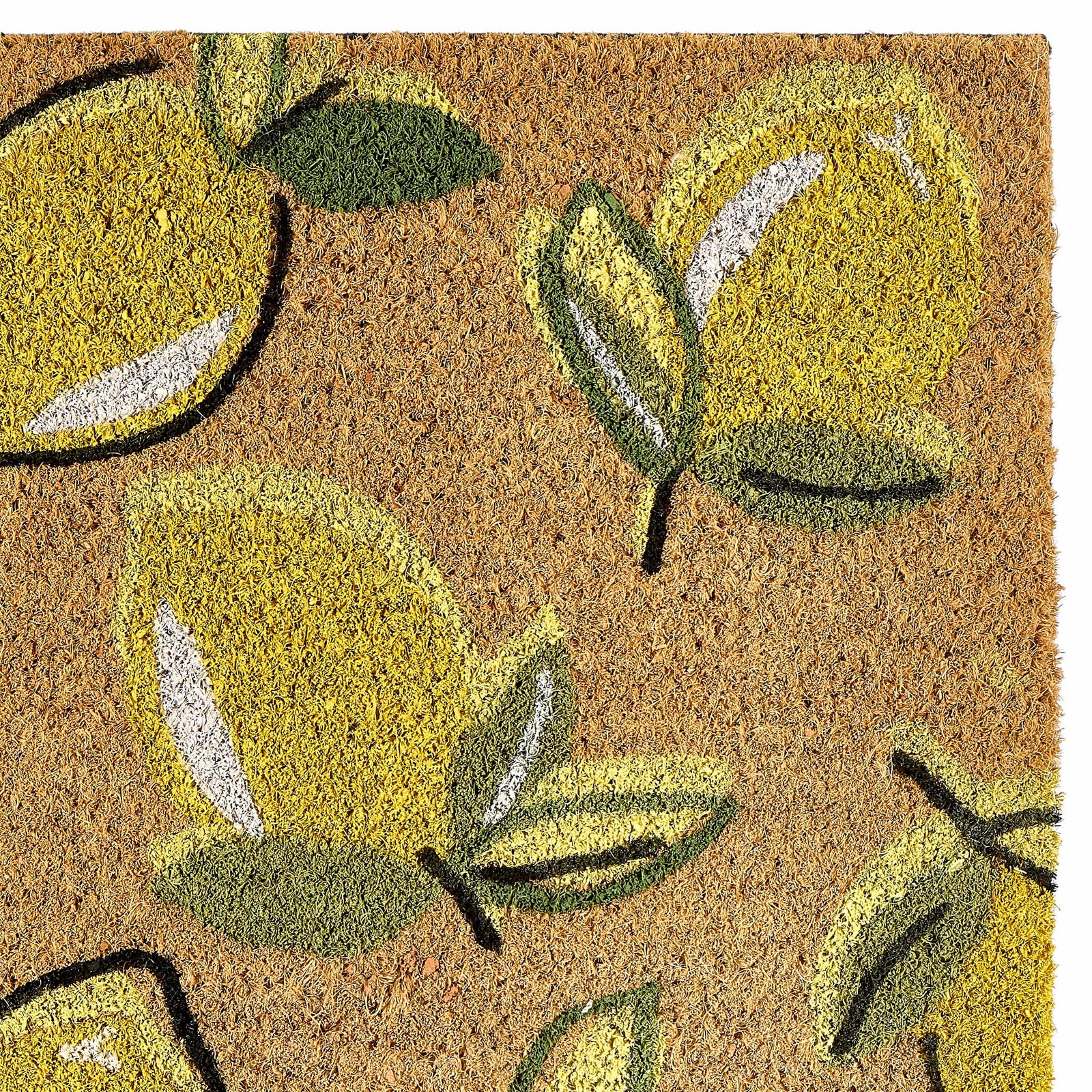 Close-Up of Lemons Coir Doormat showing yellow lemon pattern. 