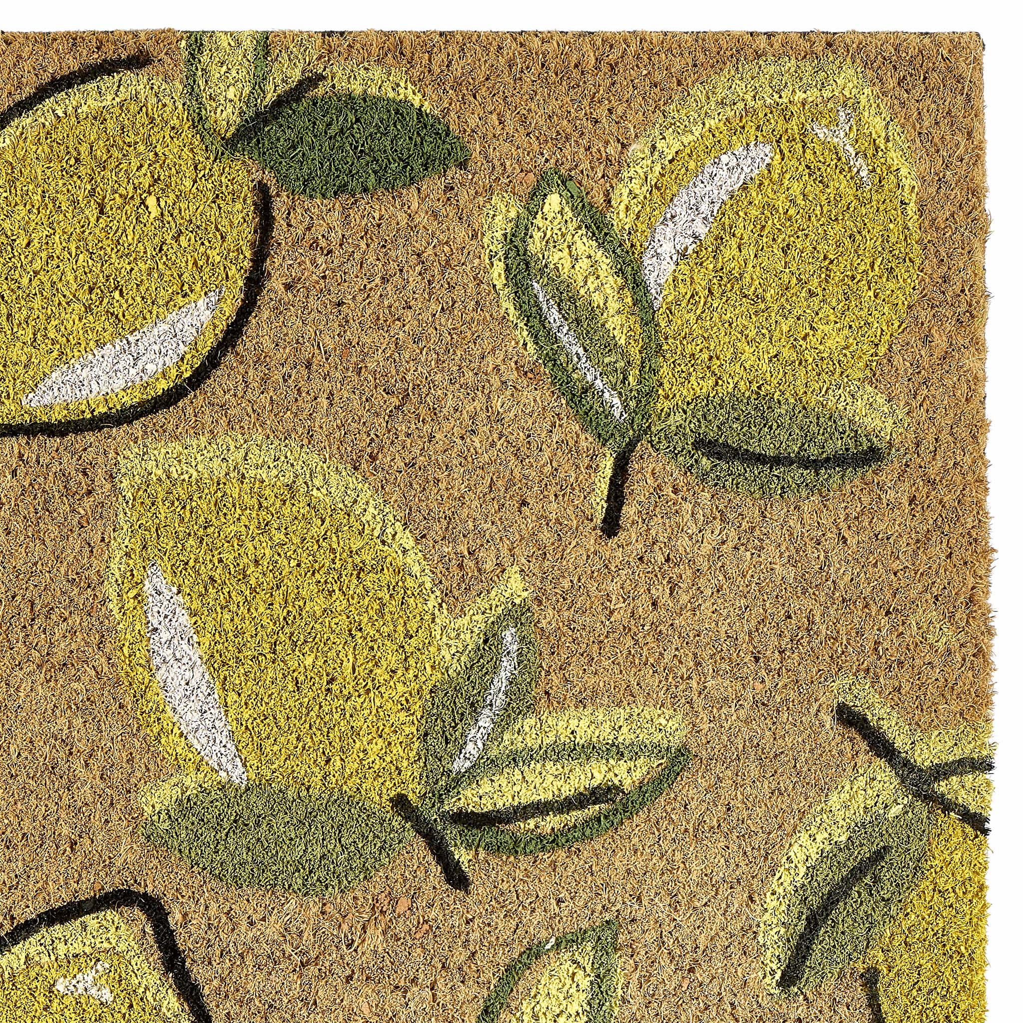 Close-Up of Lemons Coir Doormat showing yellow lemon pattern. 
