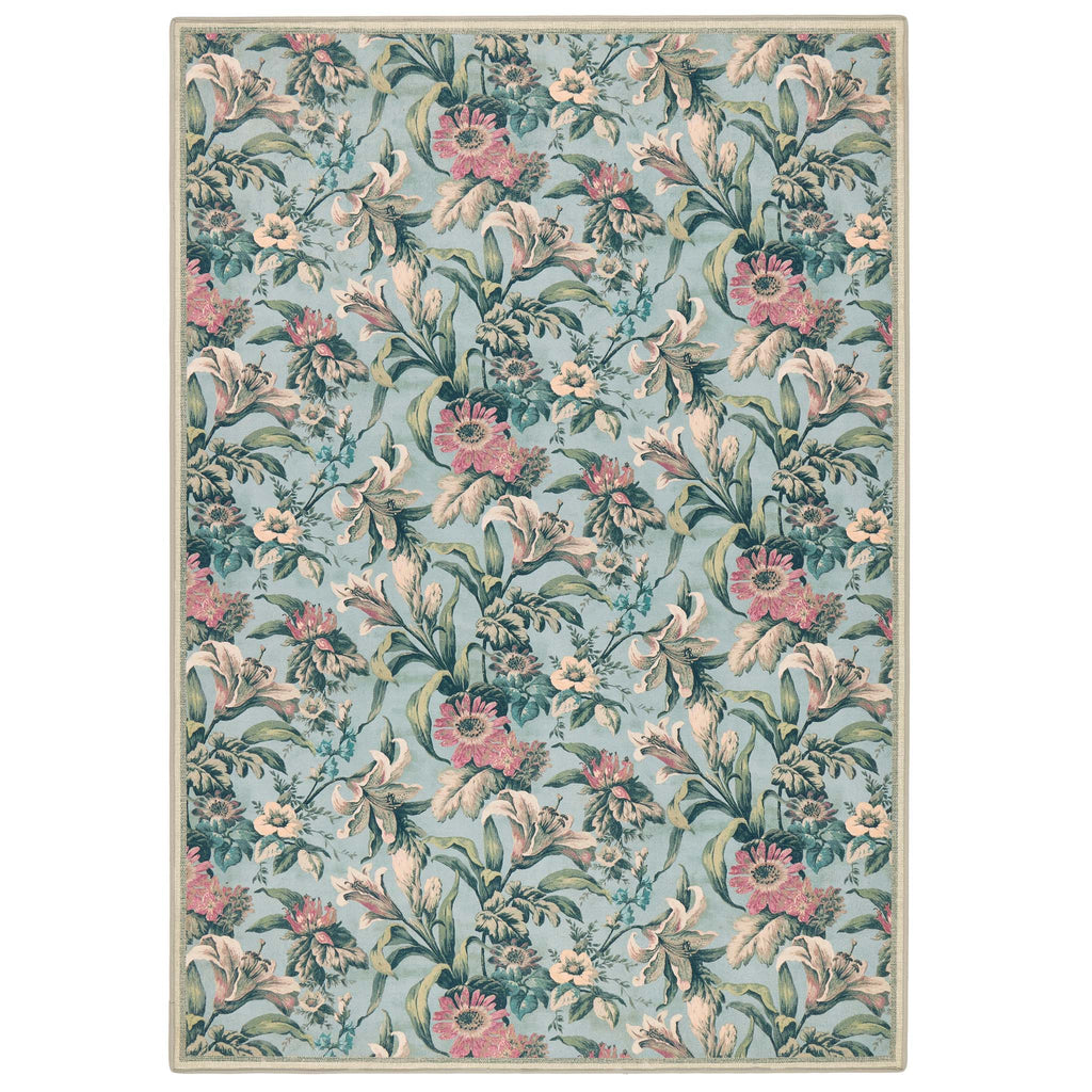 Lys Blue Eco-Washable Rug with a floral design. 