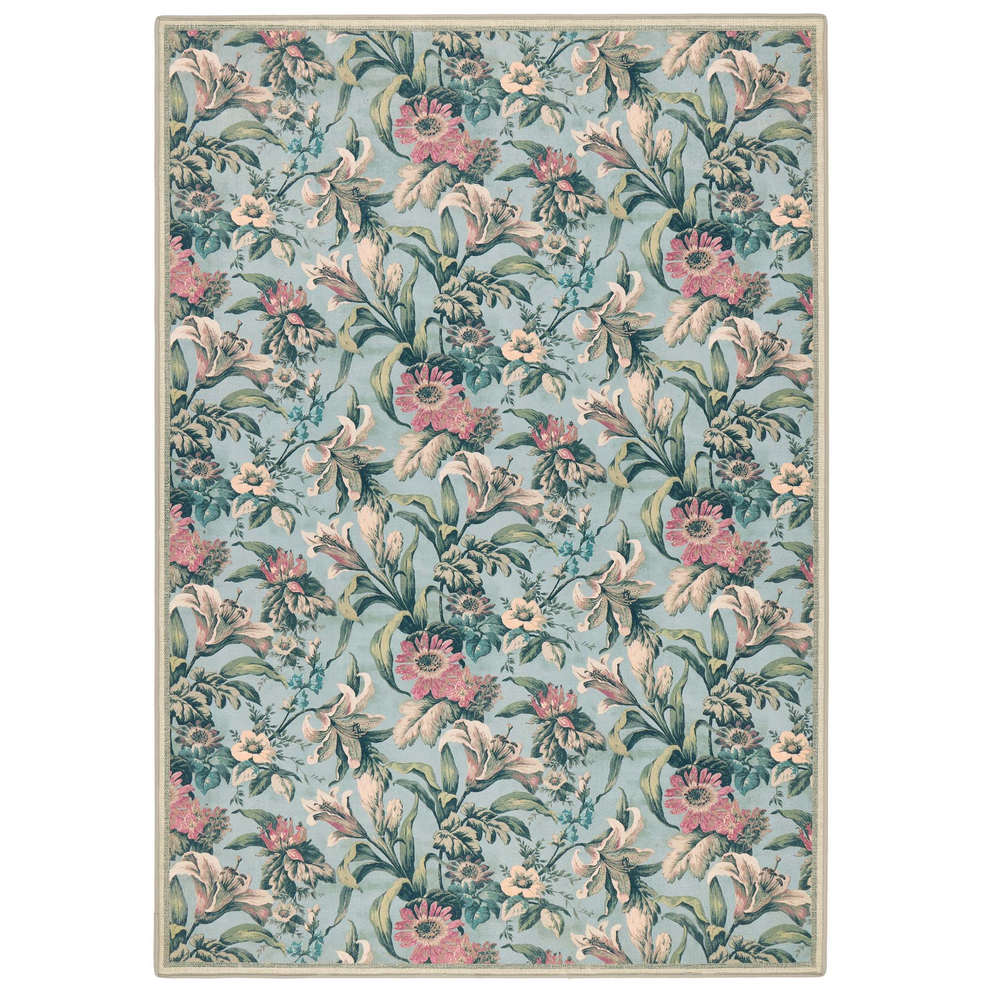 Lys Blue Eco-Washable Rug with a floral design. 