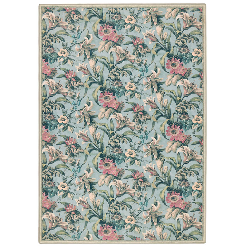 Lys Blue Eco-Washable Rug with a floral design. 