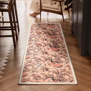 Lys Pink Eco-Washable Runner with a floral design, styled on wooden flooring. 