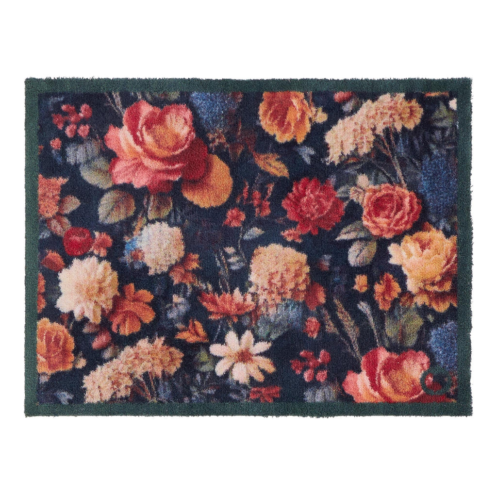 Midnight Blooms Washable Doormat-  a cotton floral doormat featuring roses, chrysanthemums, daises, and wild blooms.