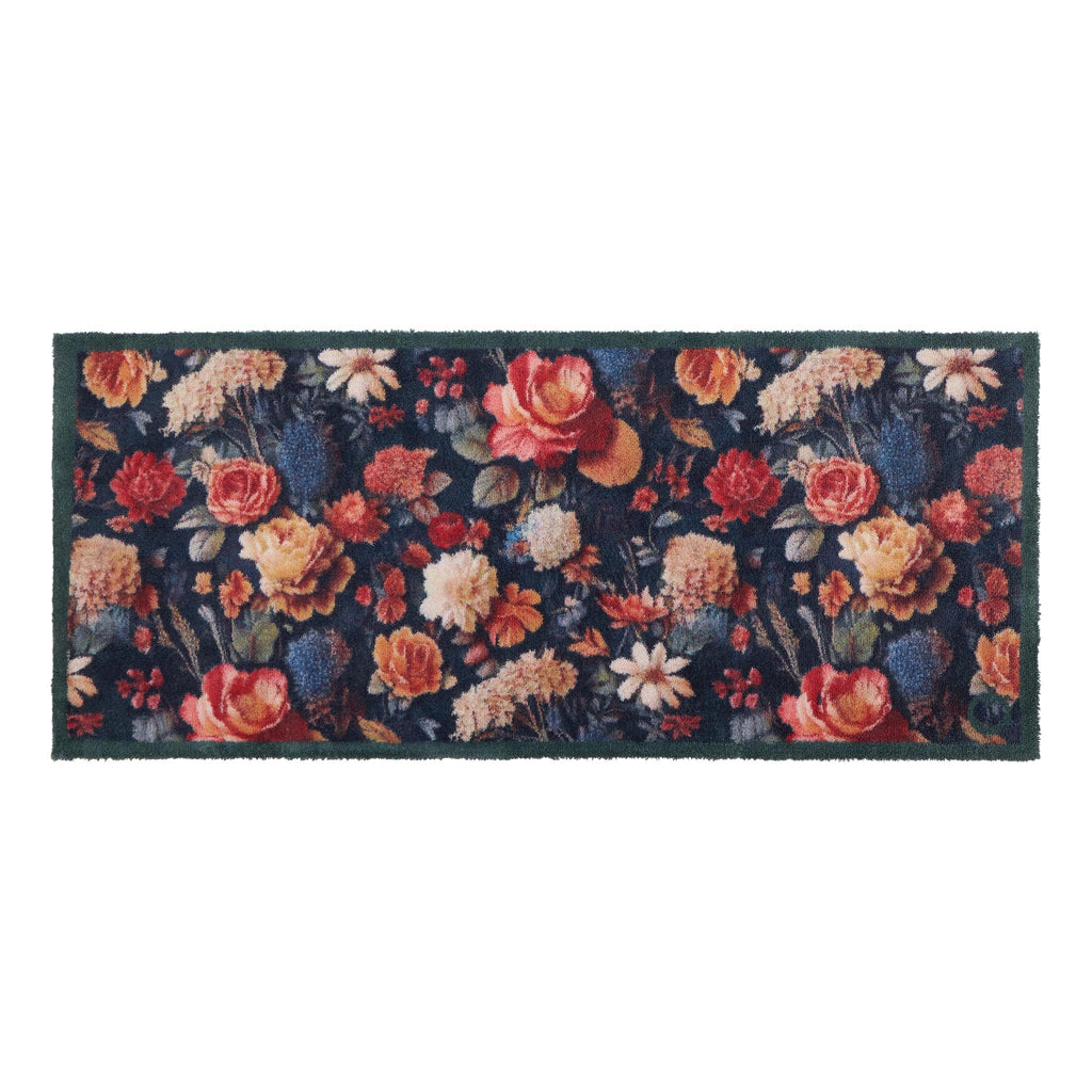 Midnight Blooms Washable Doormat-  a cotton floral doormat featuring roses, chrysanthemums, daises, and wild blooms.