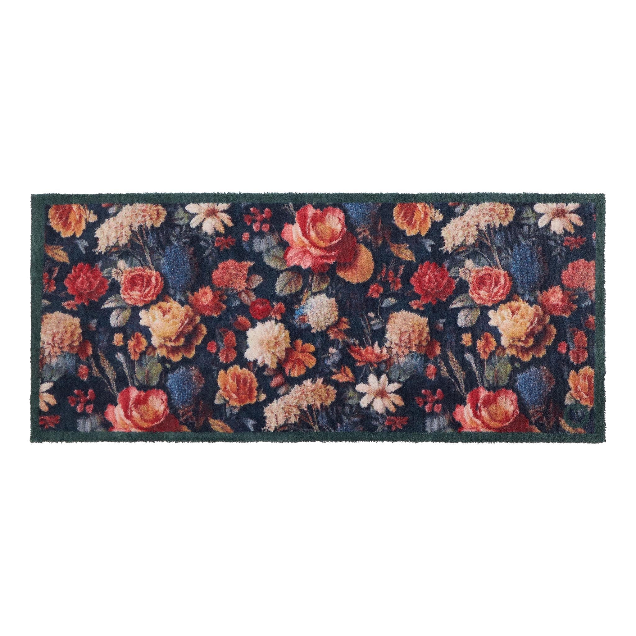 Midnight Blooms Washable Runner- a 100% recycled cotton runner featuring roses, chrysanthemums, daisies, and wild blooms in shades of red, orange, peach, cream, and yellow.