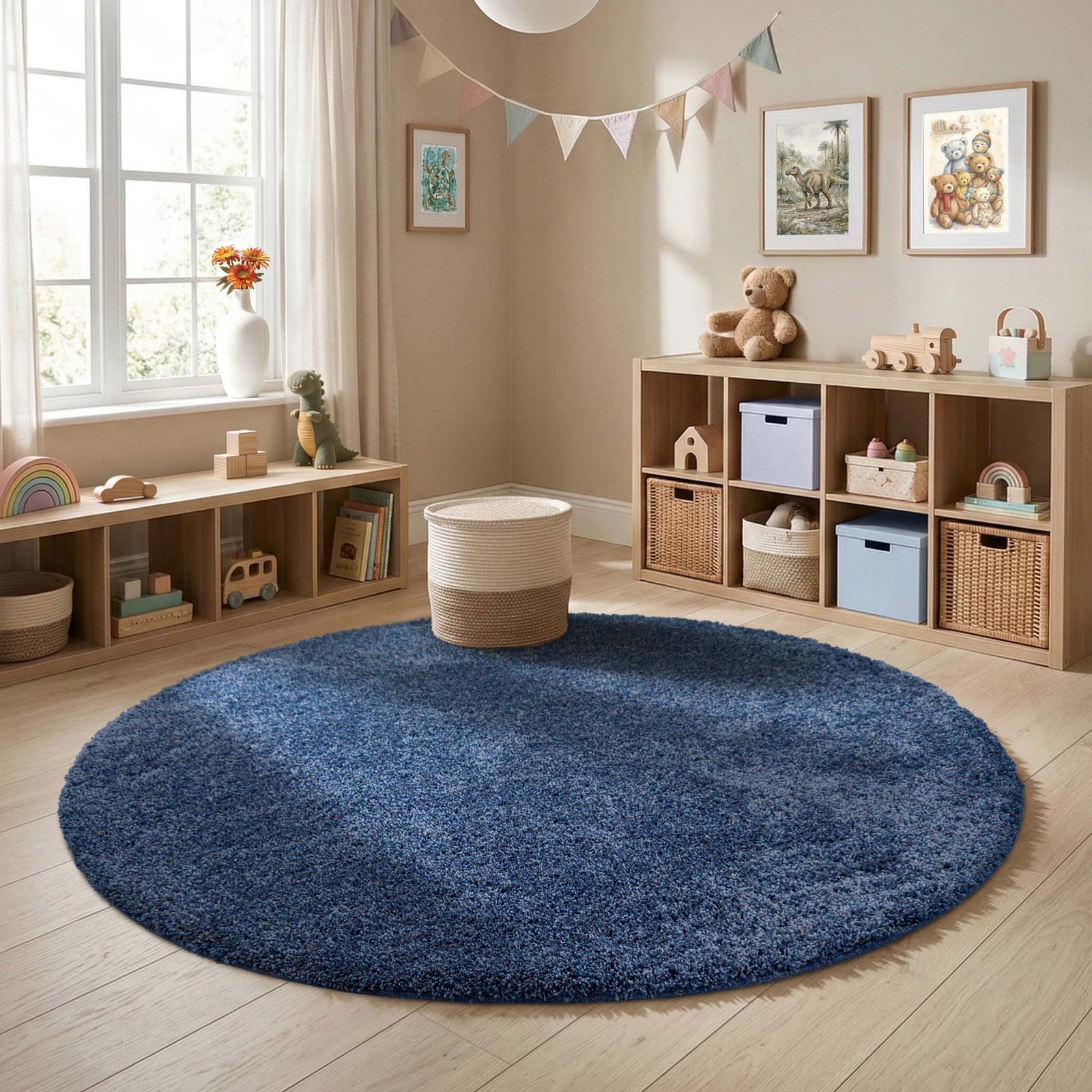 My Rug Midnight Blue shaggy rug styled in a nursery room. 