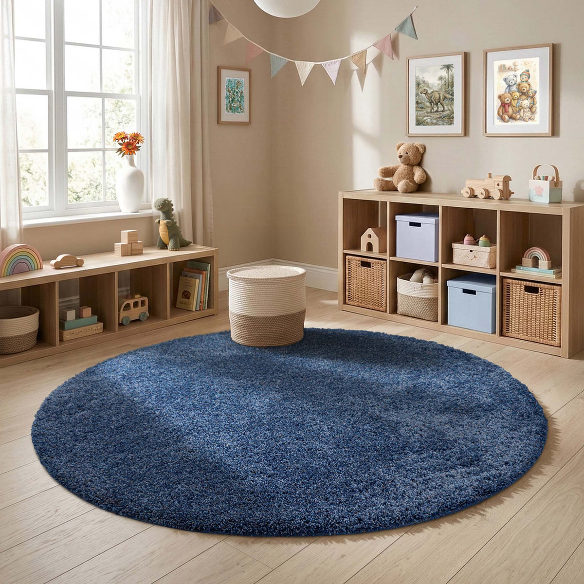 My Rug Midnight Blue shaggy rug styled in a nursery room. 