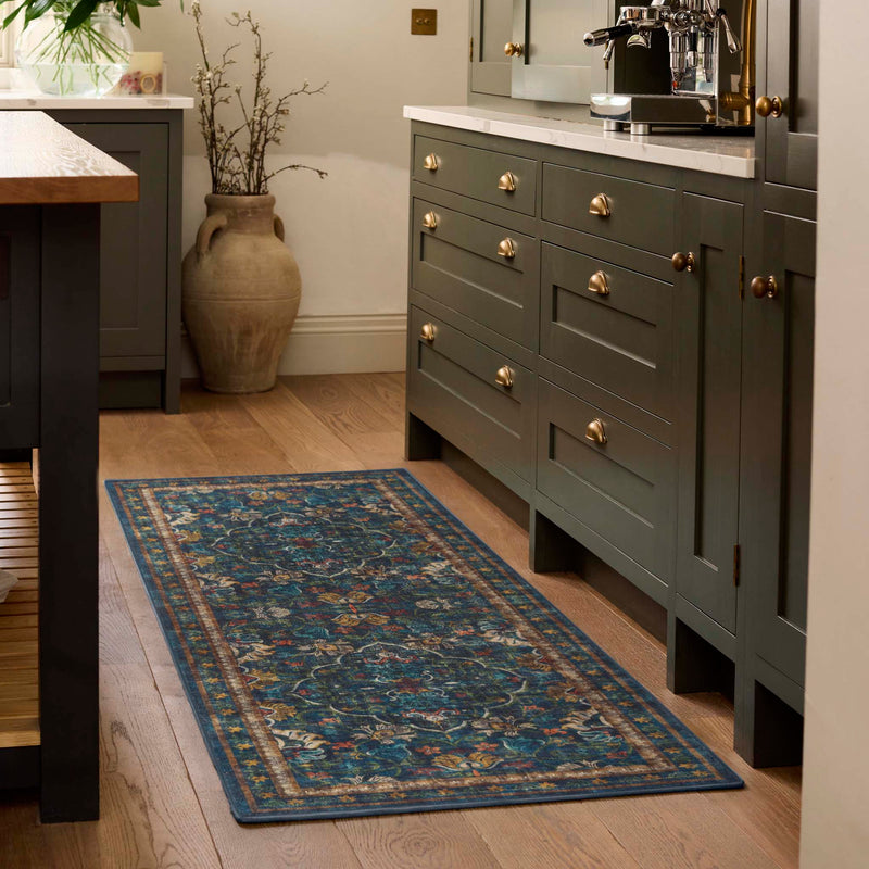 Midnight Paisley Blue Eco-Washable Runner with a Persian inspired pattern, styled in a kitchen.