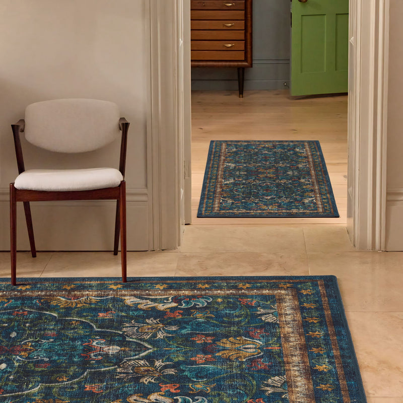 Midnight Paisley Blue Eco-Washable Runner with a floral abstract design, styled in a hallway.