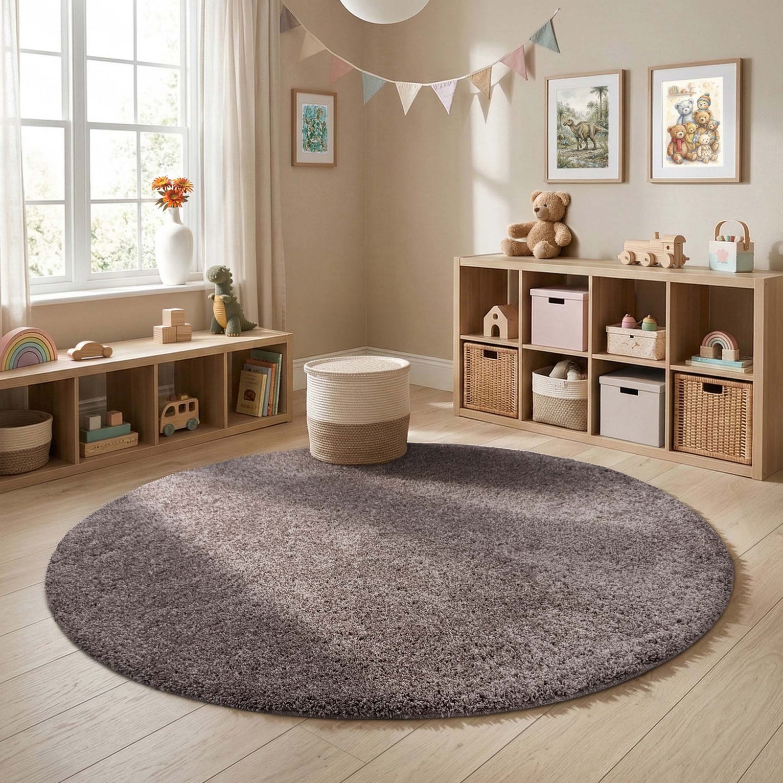 My Rug Mocha brown shaggy fleck rug styled in a nursery room. 