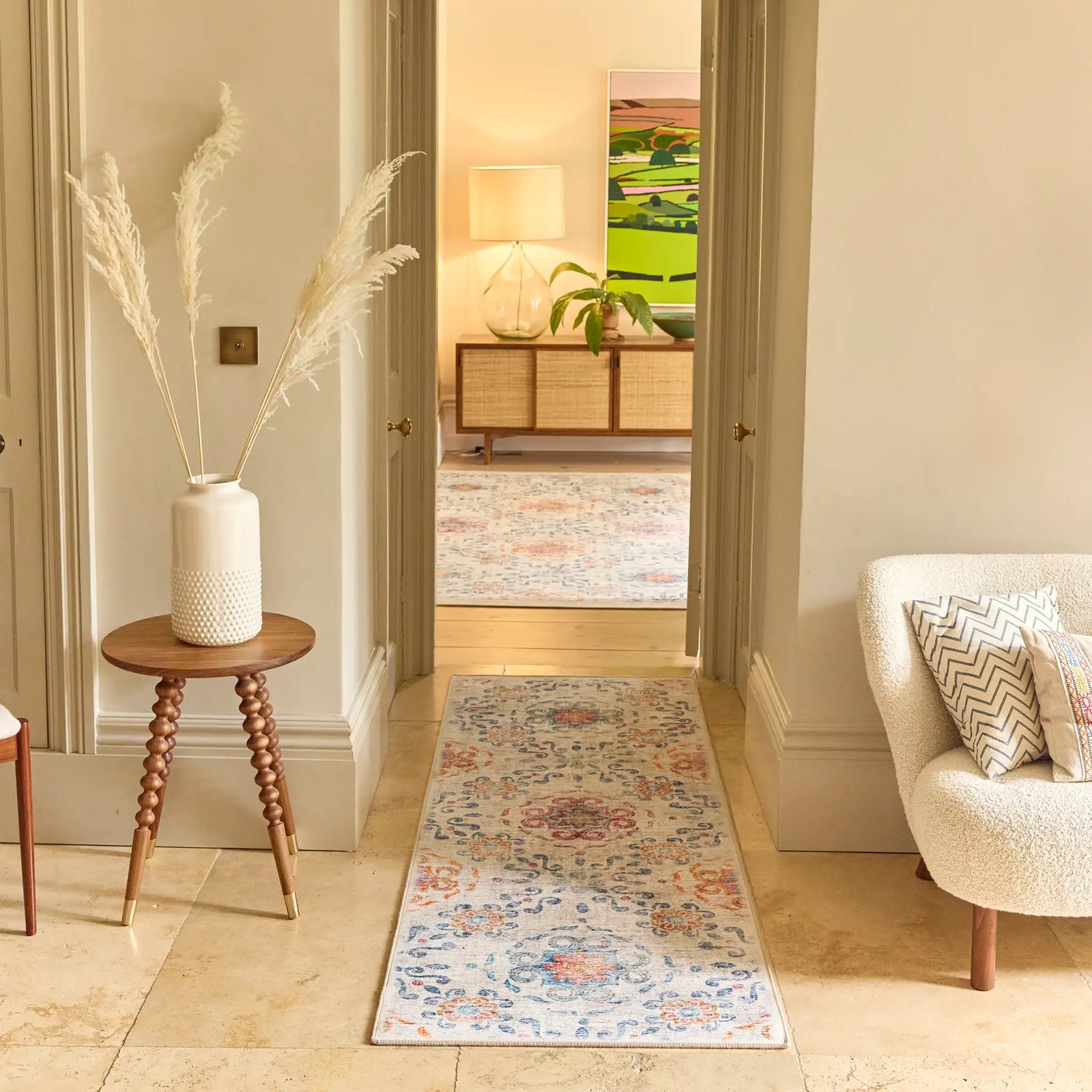 Modern Damask Eco-Washable Runner with a vintage inspired pattern, styled in a hallway.