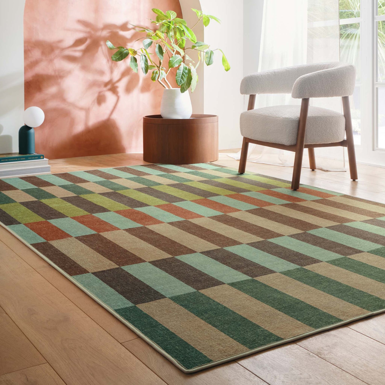 Modular Stripe Earth Eco-Washable Rug- a 100% recycled material rug featuring a broken stripe pattern.